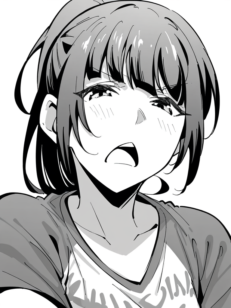 score_9, score_8_up, score_7_up,  
1girl, monochrome, black hair, ponytail, face, close-up, white background, t-shirt,


looking at viewer, frown, open mouth, narrowed eyes,

