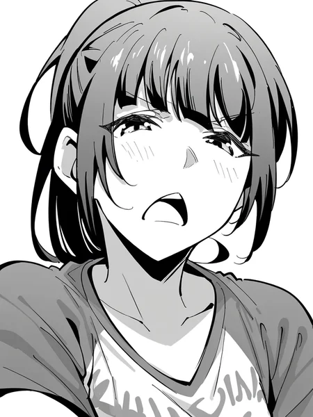 score_9, score_8_up, score_7_up,  
1girl, monochrome, black hair, ponytail, face, close-up, white background, t-shirt,


looking at viewer, frown, open mouth, narrowed eyes,
