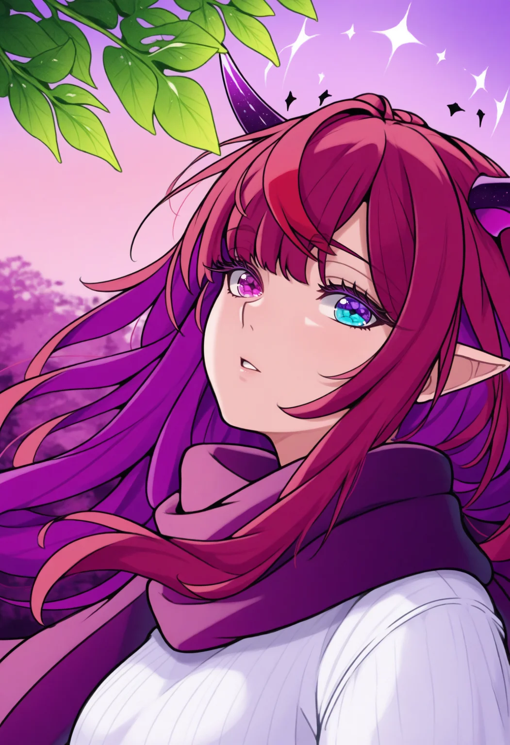 masterpiece, best quality, 1girl, solo, 1RyS, heterochromia, purple eye, blue eye, horns, double halo, multicolored hair, purple hair, long hair, traditional media, (realistic:0.5), watercolor /(medium/), purple scarf, white sweater, parted lips, looking at the viewer, outdoors, summer, purple theme, windy, long eyelashes, leaves, <lora:ChamIRySNoob:1>