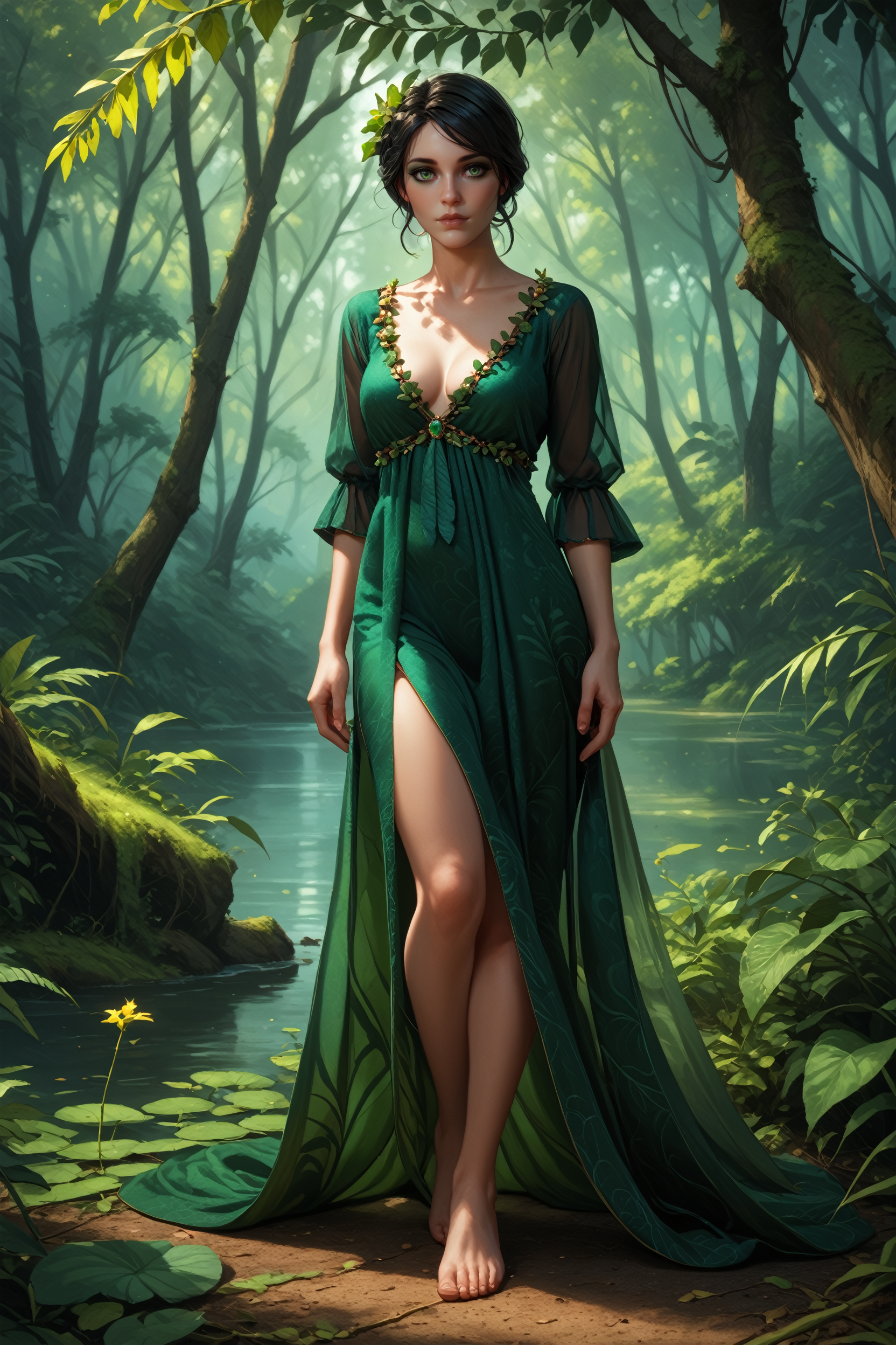 score_9, score_8_up, score_7_up,
<lora:W3Iris:0.8>
W3Iris, 1girl, black hair, green eyes, looking at viewer, Rainforest canopy with sunbeams, vibrant and lush, full body