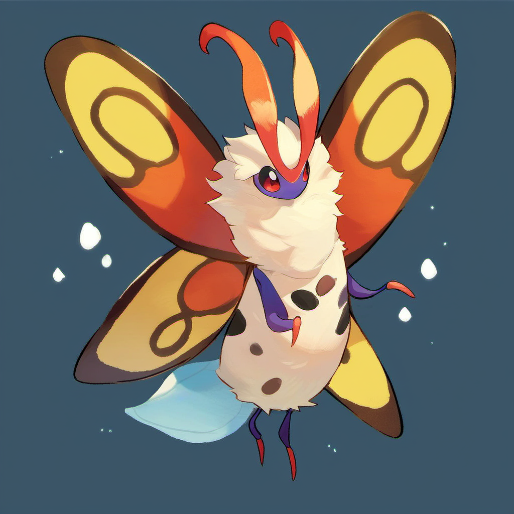 source_furry, rating_safe,  <lora:pokemon_pony_xl:0.4>, Type: Bug, Type: Fire, Egg Group: Bug, is a large, moth-like Pokémon with four small feet, It appears to have compound eyes that are two shades of blue, and there is a red horn-like structure on each side of its face, The fuzz on its upper body is smoky white and tangled, Its abdomen is black in the center and light blue with black dots on the outside, It has six leaf-like wings that are orange in color and have small black spots, score_9, score_8_up, score_7_up, score_6_up, score_5_up, score_4_up
