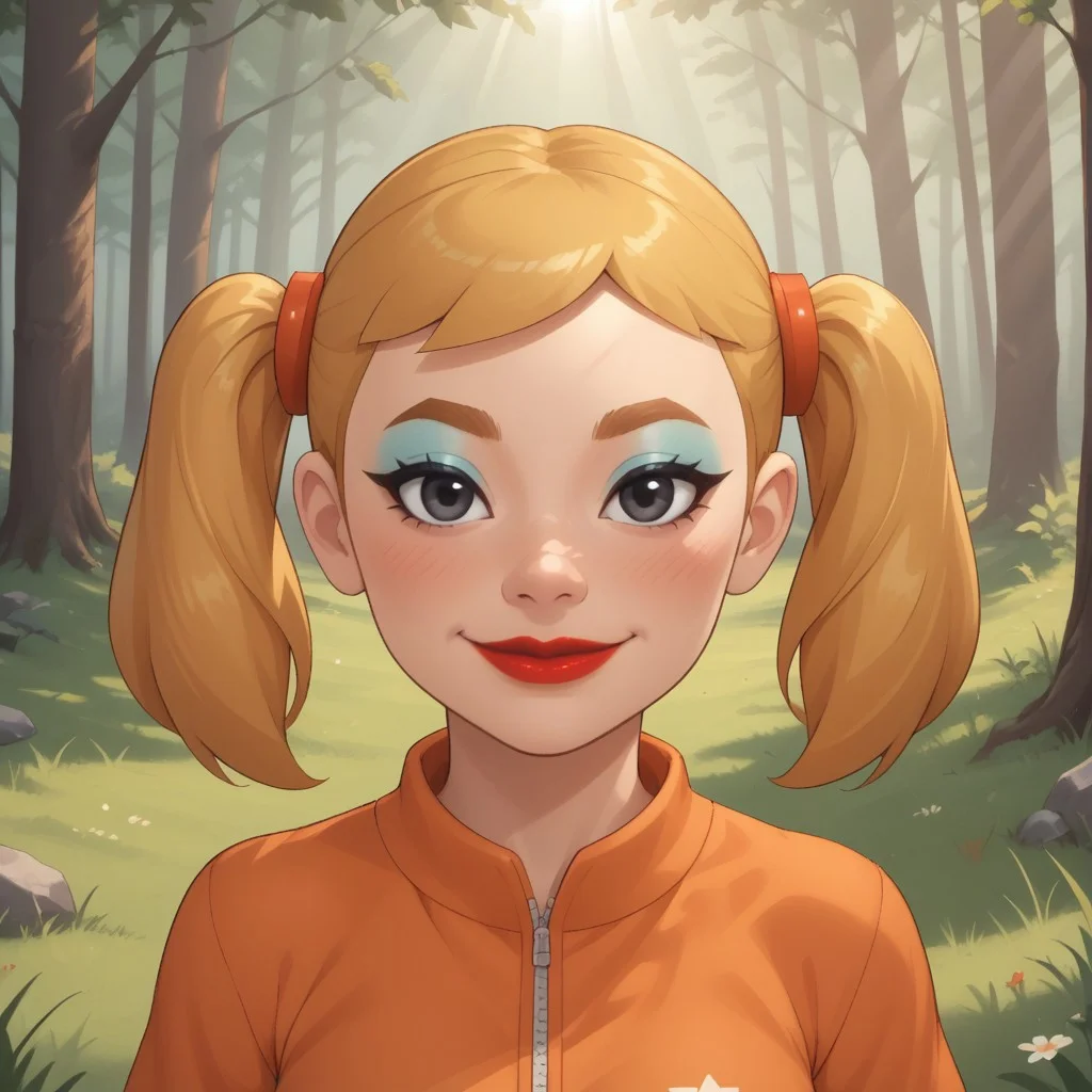 score_9, score_8, BREAK, solo, mii, wii, wii sports, 1girl, female mii, cute, attractive, blonde hair, twintails, dark blonde eyebrows, makeup, blush, blue eyeshadow, red lips, lipstick, orange clothing, white pants, breasts, Nintendo Mii, modern_mii, classic_mii, Midoriya_(OC_Mii), black eyes sexy pose, smile, outdoors, sunlight, shadows, evening lighting, natural lighting, forest, trees, grass, orange sky, sunset