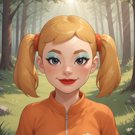 score_9, score_8, BREAK, solo, mii, wii, wii sports, 1girl, female mii, cute, attractive, blonde hair, twintails, dark blonde eyebrows, makeup, blush, blue eyeshadow, red lips, lipstick, orange clothing, white pants, breasts, Nintendo Mii, modern_mii, classic_mii, Midoriya_(OC_Mii), black eyes sexy pose, smile, outdoors, sunlight, shadows, evening lighting, natural lighting, forest, trees, grass, orange sky, sunset
