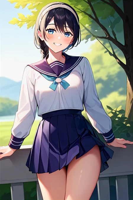 score_9, score_8_up, score_7_up, score_6_up, score_5_up, score_4_up, rating_questionable, , source_anime, digital illustration, pixiv, fanbox, uncensored, , BREAK, official art,
1girl, solo, female, amanai riko, black hair, braid, headband, blue eyes,
school uniform, white serafuku, , blush, light smile, outdoors, cowboy shot, looking at viewer, colorful, vivid <lora:Amanai_Riko_Pony2-10:0.8>