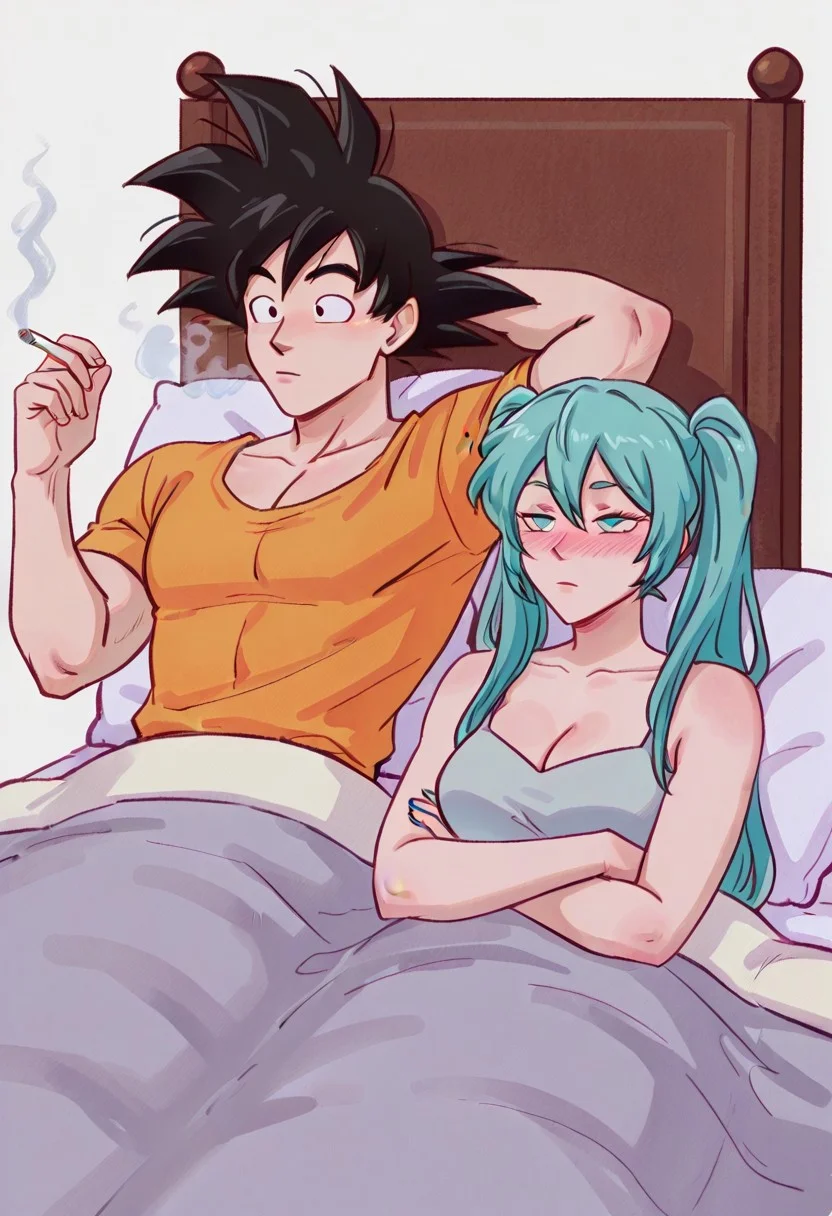 smokinginbedmeme, 1girl, 1boy, hatsune miku, expressionless, cleavage, smoking, holding cigarette, smoke, cigarette, arm behind head, son goku, nose blush, under covers, crossed arms, on bed, after sex, bed, pillow, blanket,