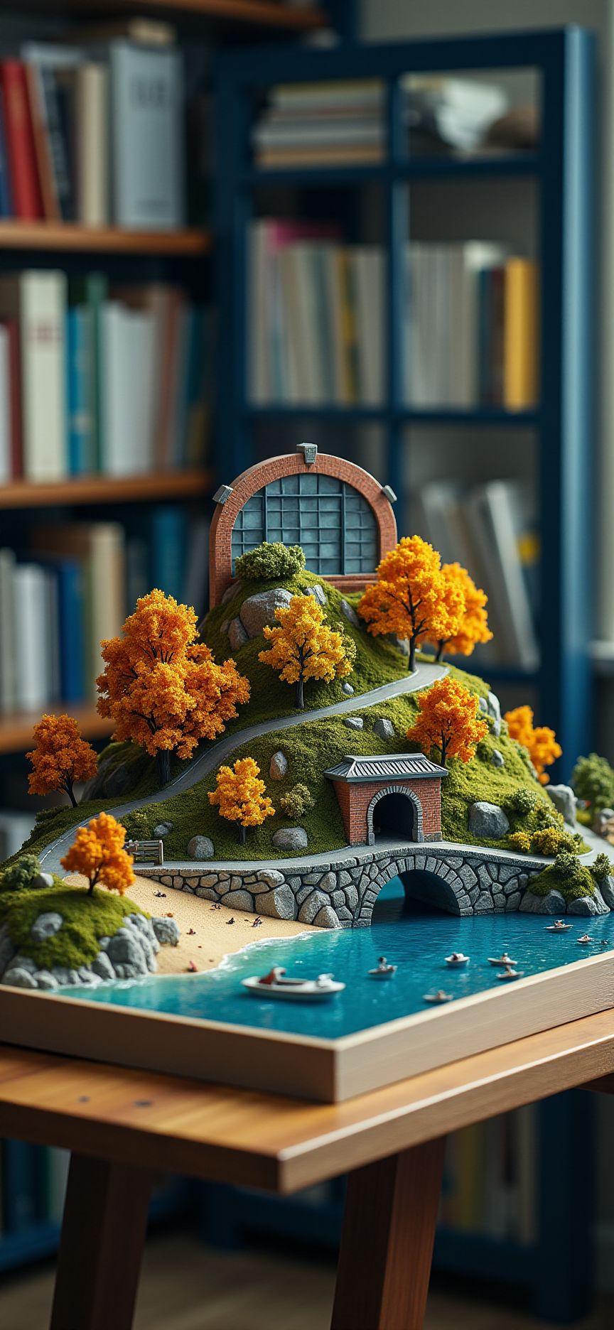 (indoor,very wide isometric view,tilt-shift lens:1.6), (windowless,miniature,miniature,diorama,miniature,diorama,PVC,plastic:2),starry night autumn ,beach,brick arch bridge,road,tunnel at (floating island,levitating  island:1.5) on (table:2) at (study:2.5)   <lora:Diorama_Flux:1>