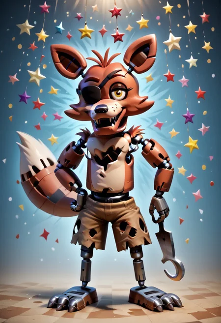 score_9, score_8_up, score_7_up, solo male, FoxyPirateFNAF1, yellow eyes, (hook, hook hand, hook for left hand:1.1), eyepatch on left eye, robot, withered animatronic, robot joints, animatronic, damaged body, red fur, brown shorts, torn clothing, chest tuft, head tuft, cheek tuft, shoulder tuft, metal legs, fox tail, fangs, biped, smirk, smug, grin, standing, bent legs, spread legs, full-length portrait, standing, cool, psychedelic background, star pattern, confetti, looking at viewer, 
BREAK
highly detailed, shading, highres, Masterpiece, perfect lighting, zPDXL3, detailed background