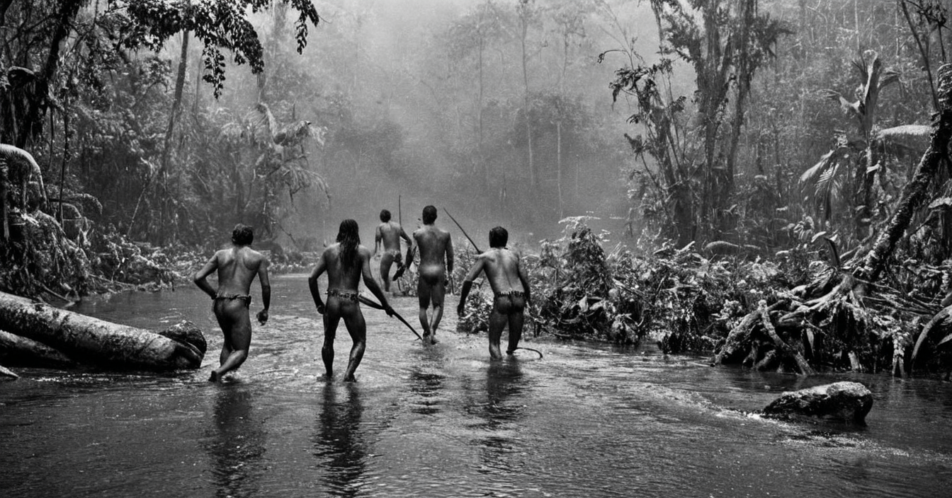 black and white photograph of few indigenous people hunting in the amazonian rain forest, insane details, dramatic lights, high definition, 35mm camera, film photography style, heavy grain, ral-chrosc-bw, masterpiece, national geographic style, strong vignette, high contrast