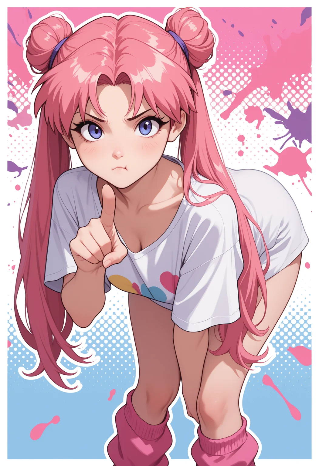 masterpiece, high_quality, highres,
woman, hair_bun, braided, twin_tails, fluffy_leg_warmers, halftone_background, border_frame, splatter, chromatic_colors, cheeky, oversized shirt, bent_over, standing, pointing on viewer, pout