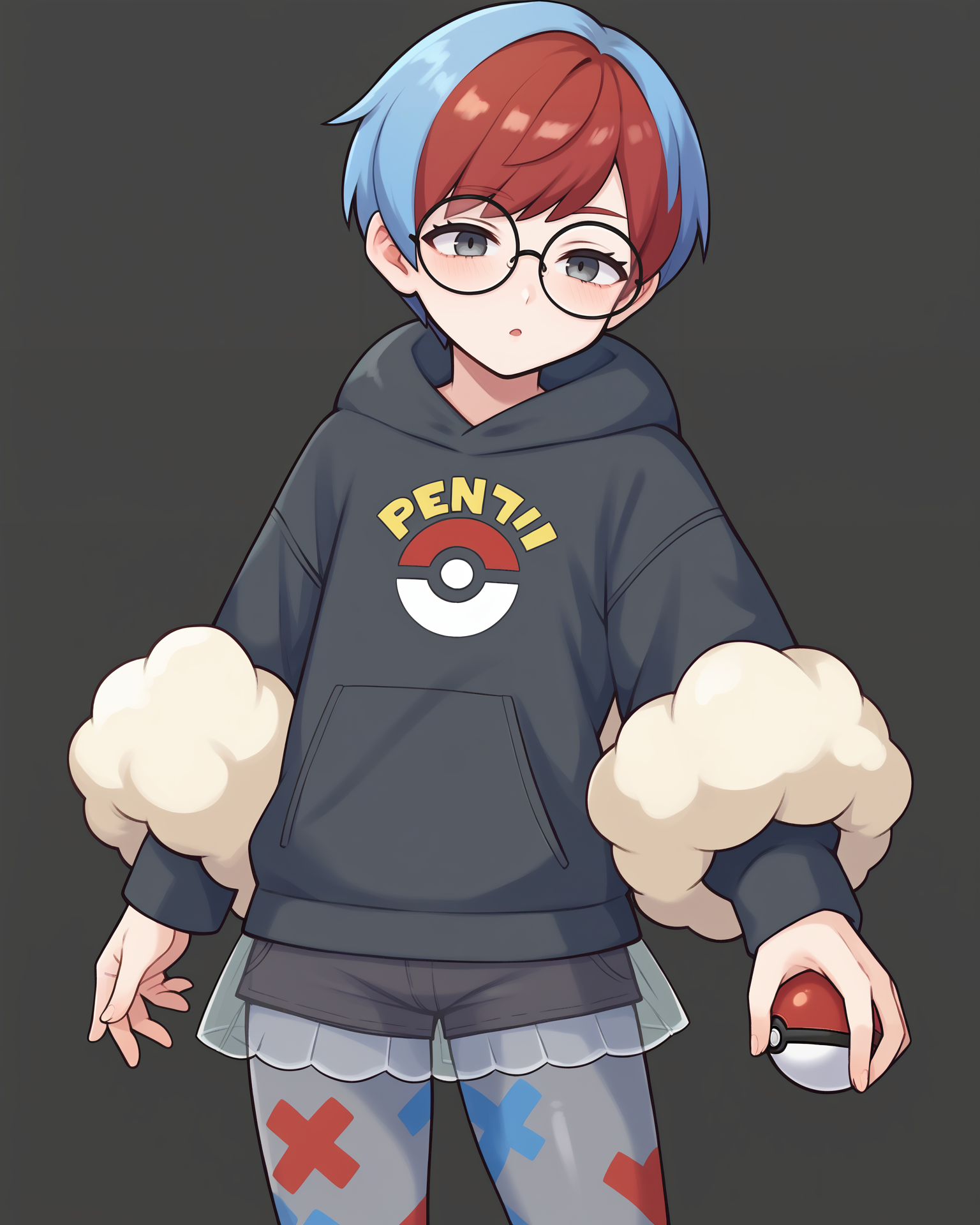 PonyXLV6_Scores, source_anime, BREAK
1girl, solo, <lora:penny:1> pennypokemon, short hair, multicolored hair, two-tone hair, red hair, blue hair, bangs, grey eyes,
glasses, round eyewear, hoodie, poke ball print, black hoodie, long sleeves, hood, see-through skirt, see-through, skirt, shorts under skirt, shorts, pantyhose, grey pantyhose,
black background,
closeup, cowboy shot,
<lora:Tsuvida:0.5>, <lora:SameShpoStyleV4XL:0.5> ShpoStyleV4XL, <lora:StS_age_slider_v1_initial_release:-1>