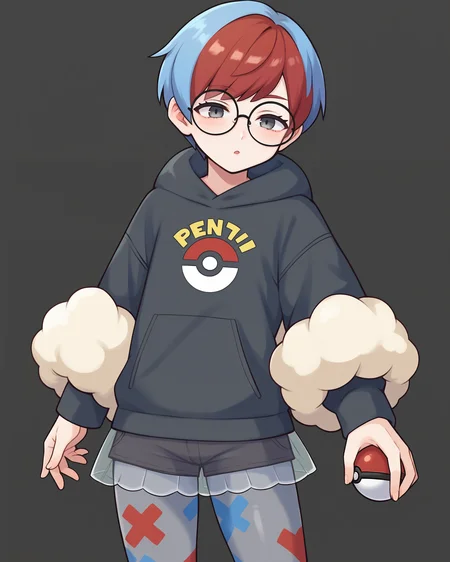PonyXLV6_Scores, source_anime, BREAK
1girl, solo, <lora:penny:1> pennypokemon, short hair, multicolored hair, two-tone hair, red hair, blue hair, bangs, grey eyes,
glasses, round eyewear, hoodie, poke ball print, black hoodie, long sleeves, hood, see-through skirt, see-through, skirt, shorts under skirt, shorts, pantyhose, grey pantyhose,
black background,
closeup, cowboy shot,
<lora:Tsuvida:0.5>, <lora:SameShpoStyleV4XL:0.5> ShpoStyleV4XL, <lora:StS_age_slider_v1_initial_release:-1>