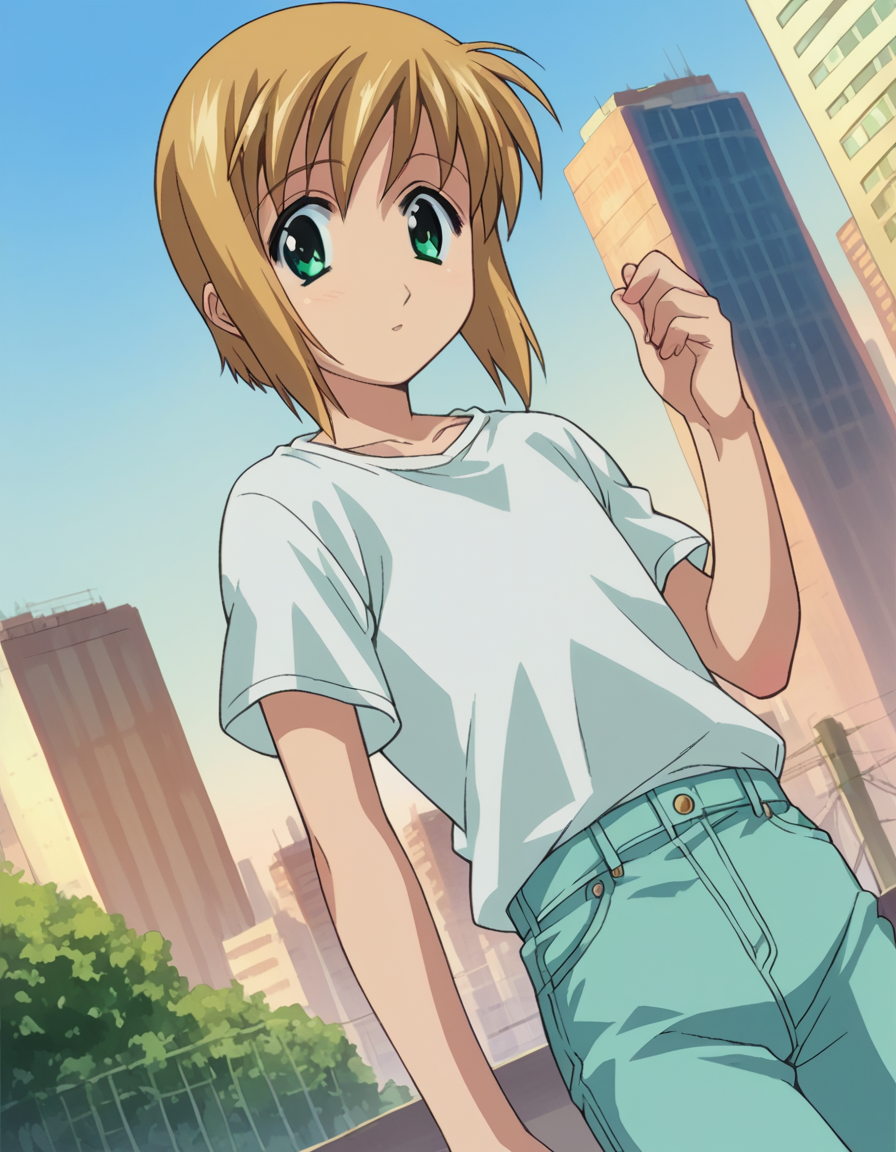 score_9, score_8_up, score_7_up, source_anime,
bokunopico, <lora:boku-no-pico-ponyxl-lora-nochekaiser:1>
pico, short hair, green eyes, blonde hair,
shirt, white shirt, pants,
outdoors, cityscape,
looking at viewer, dutch angle, cowboy shot,