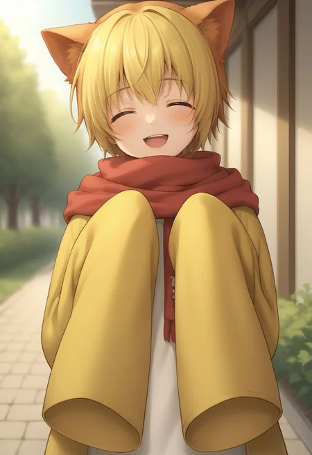 score_9, score_8_up, source_anime, highly detailed, cute,
sakuteru, solo, blonde hair, animal ears, closed eyes, 1boy, smile, scarf, male focus, open mouth, blush, sleeves past wrists,
outdoor,