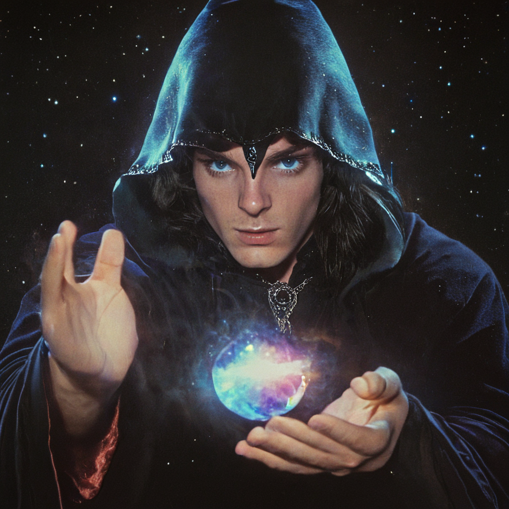 <lora:80s_Fantasy_Movie:1> ArsMovieStill, 80s Fantasy Movie Still, The image is a portrait of a young man wearing a black hooded cloak with a hood that covers his head. He is holding a crystal ball in his hands and appears to be in the process of casting it into the air. The man has long dark hair and is looking directly at the camera with a serious expression on his face. The background is dark and filled with stars and nebula giving the impression of a mystical and mystical atmosphere. The colors are vibrant and the overall mood of the image is intense and powerful., 1girl, solo, hood, blue eyes, black hair, looking at viewer, hood up, robe, upper body, realistic