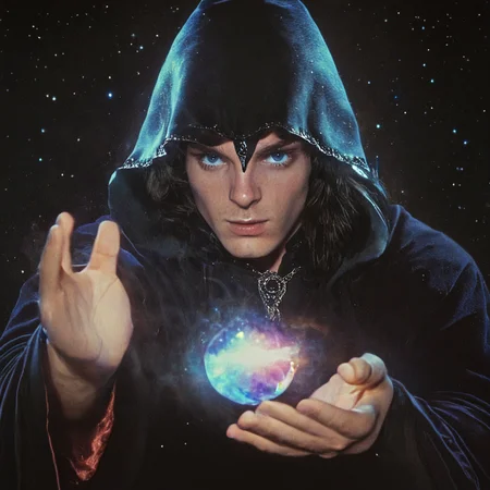 <lora:80s_Fantasy_Movie:1> ArsMovieStill, 80s Fantasy Movie Still, The image is a portrait of a young man wearing a black hooded cloak with a hood that covers his head. He is holding a crystal ball in his hands and appears to be in the process of casting it into the air. The man has long dark hair and is looking directly at the camera with a serious expression on his face. The background is dark and filled with stars and nebula giving the impression of a mystical and mystical atmosphere. The colors are vibrant and the overall mood of the image is intense and powerful., 1girl, solo, hood, blue eyes, black hair, looking at viewer, hood up, robe, upper body, realistic