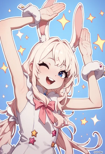 score_9, score_8_up, score_7_up, score_6_up, score_5_up, score_4_up,
Cromachina,
close-up rabbit ears, girl, happy, hands above head, rabbit pose,
((white outline):2), colorful,
(abstract background), white stars, blue background, dutch angle,
<lora:Cromachina_v2:1>
