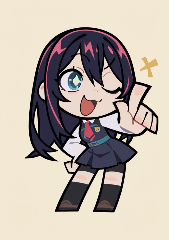 masterpiece,best quality,amazing quality,
1girl,solo,<lora:zzzemoji:1>,zzzemoji,chibi,simple background,hoshino ai,one eye closed,smile, open mouth,