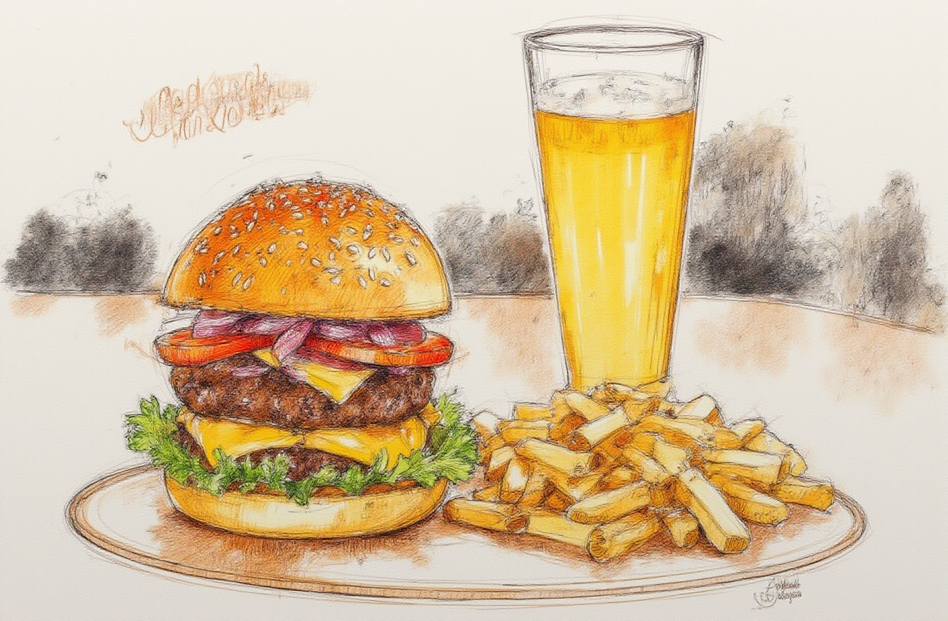 Sharp image of a rough sketch, rendered in vibrant multi colour ballpoint pen, capturing the adorable features of a burger and a glass of beer on a wooden table. The burger is made with a sesame seed bun and is topped with lettuce, tomato, and onion. The bun is golden brown and appears to be freshly cooked. The tomato is sliced and juicy, and the onion is cooked to a medium-rare. Next to the burger, there is a pile of french fries. The background is blurred, but it seems to be a restaurant or bar setting.  p3nsk, <lora:p3nsk:1>