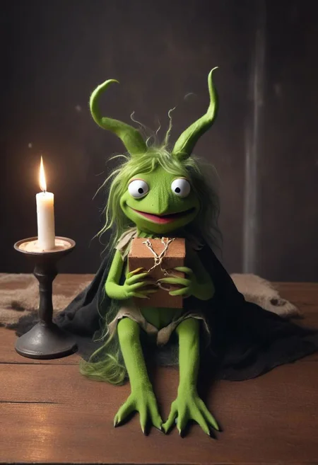 Kermit as dark grumpy Christmas demon Monster holding cross upside down, 2-3 Muppet puppets, sitting at wooden table, looking disgusted to Viewer, shocked, mouth Open, Surprised, baby jesus, holy spirit