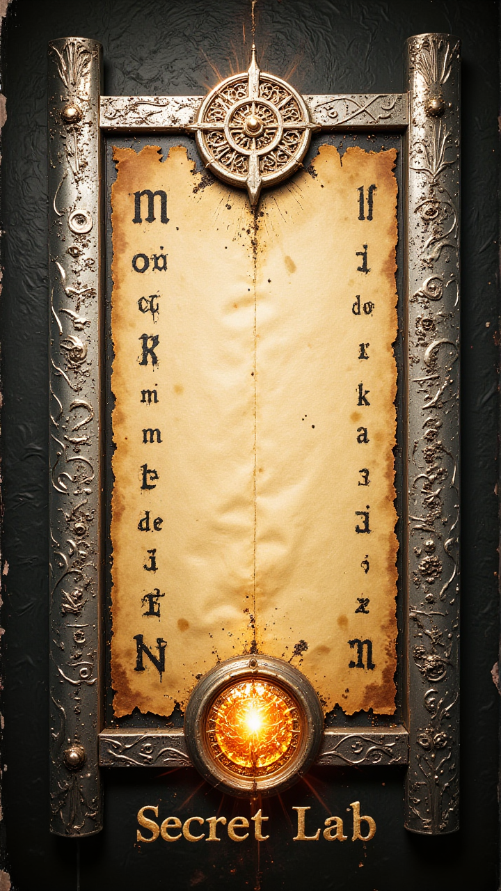 An ancient scroll covered in runes, silver frame, with a glowing golden seal at the bottom with text: "Secret Lab"