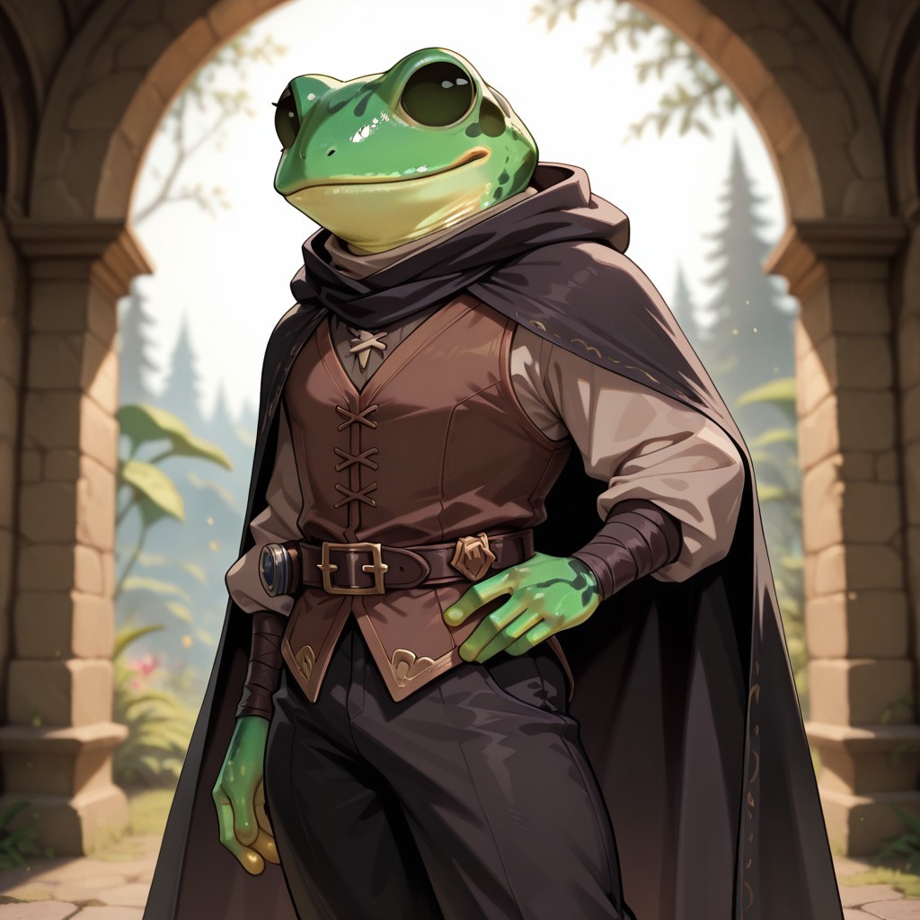 masterpiece, best quality, amazing quality, very aesthetic, solo,
grungrace, anthro frog,
1 boy, male focus, green skin, black cape, brown vest, black pants,
looking at the viewer, posing, 
blurred background, fantasy background,