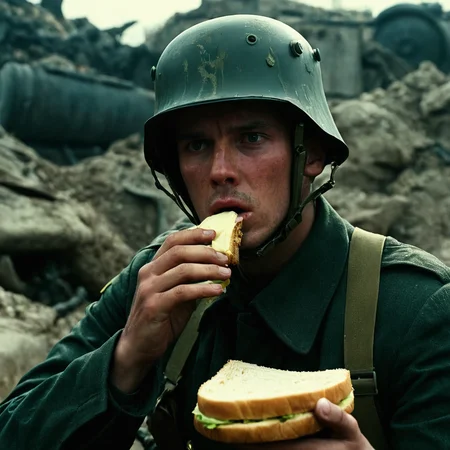 cinematic film still of <lora:shell shock style:1>
A cinematic Kodak Fujifilm picture of a soldier eating a sandwich in a ruined area, sharp, detailed, cinematic, sad, depressed, wrinkly, tired, fatigue, unhappy, glum, melancholy, miserable, sorrowful, dejected, disconsolate, downhearted, downcast, realism, realistic, dispirited, desolate, oppressed, panic, fear, Combat stress reaction, shell shock style, solo, open mouth, hat, holding, upper body, male focus, food, uniform, military, military uniform, traditional media, helmet, holding food, pilot suit, jacket, eating, horror (theme), combat helmet
, shallow depth of field, vignette, highly detailed, high budget, bokeh, cinemascope, moody, epic, gorgeous, film grain, grainy