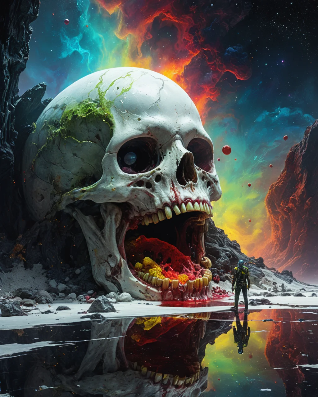 zombie, white marble crypt, sexy, water, reflections, blood, realistic photo, hard science fiction, technology, deepest black space, stars, colorful nebula, brilliant color, indigo, crimson, yellow, green, <lora:add-detail-xl:0.75>, <lora:xl_more_art-full_v1:0.5> <lora:John Harris Style:1> John Harris Style page, ziprealism