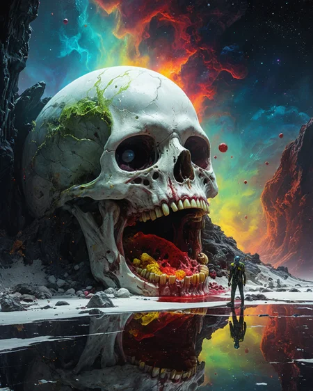 zombie, white marble crypt, sexy, water, reflections, blood, realistic photo, hard science fiction, technology,  deepest black space, stars, colorful nebula, brilliant color, indigo, crimson, yellow, green, <lora:add-detail-xl:0.75>,  <lora:xl_more_art-full_v1:0.5>   <lora:John Harris Style:1> John Harris Style page,  ziprealism