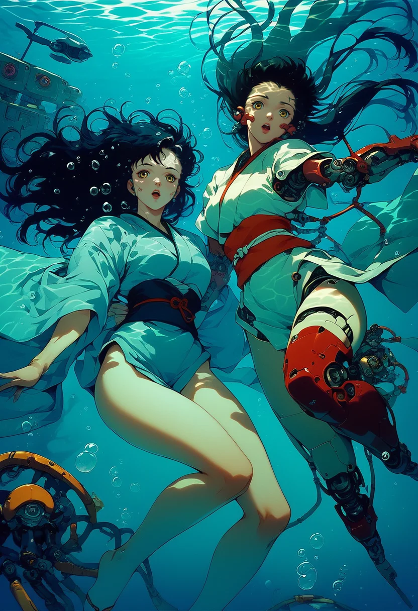 (score_9, score_8_up), score_7_up, 2girls, long hair, looking at viewer, open mouth, black hair, yellow eyes, japanese clothes, kimono, sash, obi, robot, science fiction, bubble, underwater, android, joints, cable, air bubble, robot joints, submerged, mechanical parts, screw, retro
<lora:nostalgia-000011:0.9>