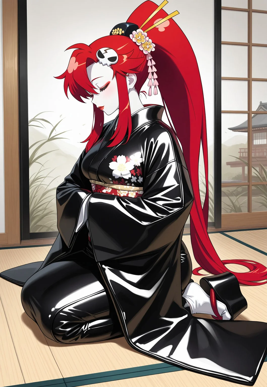 1girl, yoko littner, yellow eyes, red hair, long hair, ponytail, skull hair ornament, masterpiece, best quality, amazing quality, absurdres, medium breasts,
(leather:1.2), beautiful Asian woman, intricate leather kimono, leather kimono, leather geisha, geisha hairstyle, full length leather kimono, floral print, sleeves past fingers, kanzashi, hair ornament, tabi, socks, okobo, platform footwear, (white skin:1.2), (lipstick, red lips, red eyeshadow, geisha makeup),
Japanese house, wooden floor, tatami,
[from side], sitting, [kneeling], (seiza), hands in opposite sleeves, closed eyes,
(glossy leather clothing, glittering leather fabric),
sharp focus, photograph, raw photo, hd, 8k, masterpiece, best quality, 90-60-90