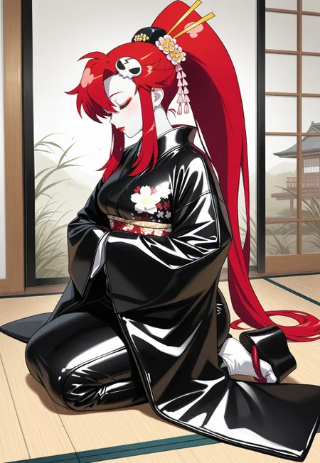 1girl, yoko littner, yellow eyes, red hair, long hair, ponytail, skull hair ornament, masterpiece, best quality, amazing quality, absurdres, medium breasts,
(leather:1.2), beautiful Asian woman, intricate leather kimono, leather kimono, leather geisha, geisha hairstyle, full length leather kimono, floral print, sleeves past fingers, kanzashi, hair ornament, tabi, socks, okobo, platform footwear, (white skin:1.2), (lipstick, red lips, red eyeshadow, geisha makeup),
Japanese house, wooden floor, tatami,
[from side], sitting, [kneeling], (seiza), hands in opposite sleeves, closed eyes,
(glossy leather clothing, glittering leather fabric),
sharp focus, photograph, raw photo, hd, 8k, masterpiece, best quality, 90-60-90
