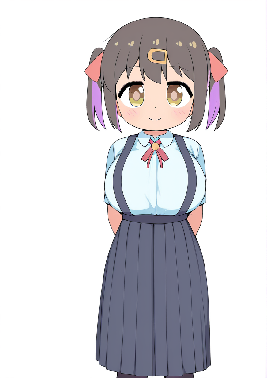 <lora:Pelican:1>,1girl, oyama mihari, huge breasts, aged down, arms behind back, black hair, black pantyhose, dot nose, feet out of frame, hair ornament, hairclip, light blush, long skirt, looking at viewer, multicolored hair, neck ribbon, pantyhose, purple hair, red ribbon, ribbon, school uniform, shirt, short hair, skirt, smile, solo, suspender skirt, suspenders, twintails, two-tone hair, white shirt, wing collar,