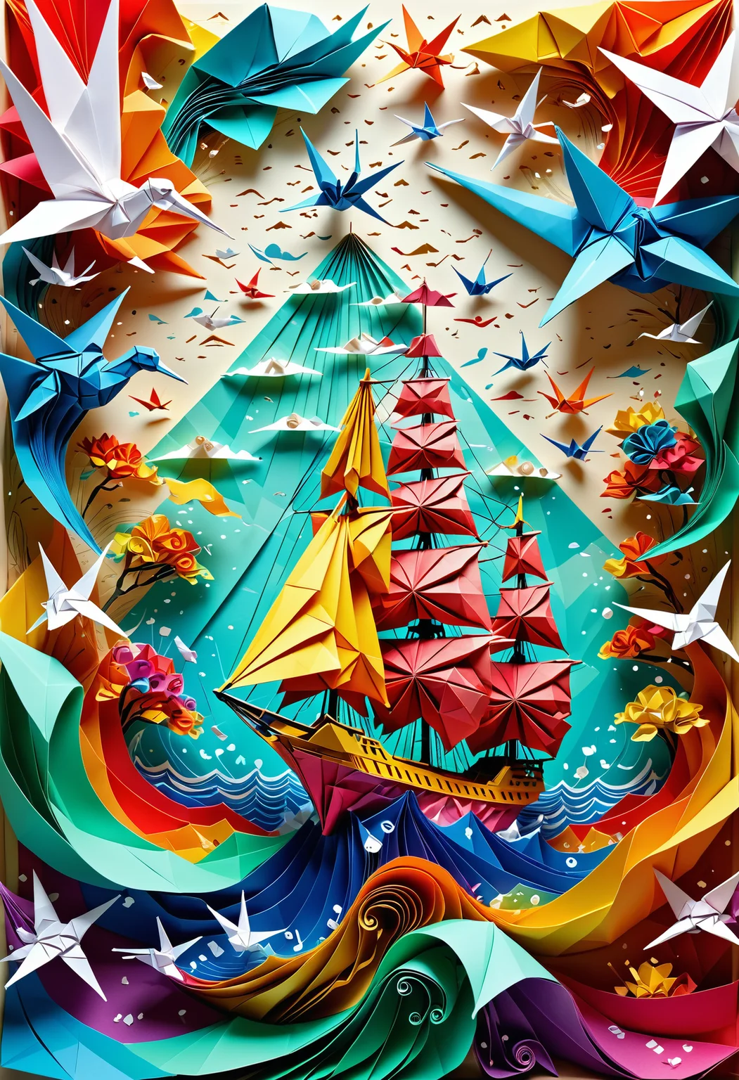 origami style Ship, paper art, pleated paper, folded, origami art, pleats, cut and fold, centered composition, intricate detail, dynamic, romantic, atmosphere, detailed, flowing, positive emotional, Jed-Splash, colourful, <lora:ColourfulStyle:0.7>