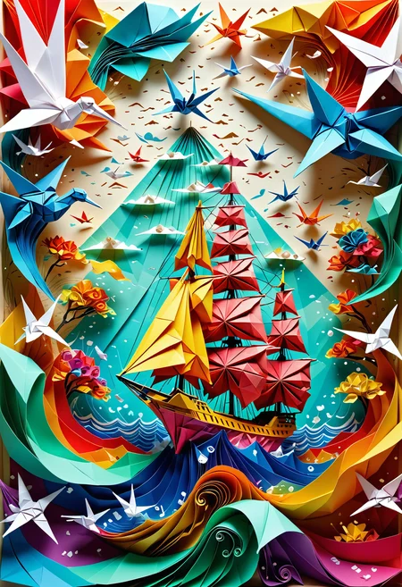 origami style Ship, paper art, pleated paper, folded, origami art, pleats, cut and fold, centered composition, intricate detail, dynamic, romantic, atmosphere, detailed, flowing, positive emotional, Jed-Splash, colourful, <lora:ColourfulStyle:0.7>