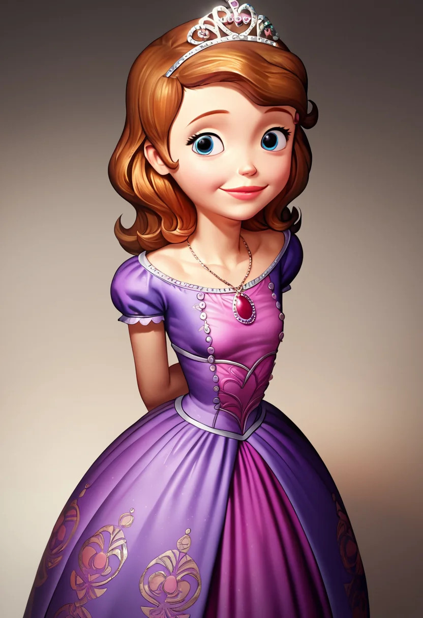 score_9, score_8_up, score_7_up, score_6_up, 1girl, solo, sofia_the_first, purple dress, tiara, necklace, detailed eyes, perfect face, perfect eyes, beautiful eyes, petite body, standing, arms behind back, posing, light smile, simple background, dynamic angle,