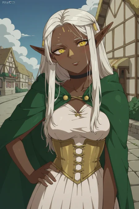 score_9, score_8_up, score_7_up, source_anime, 1girl, prefect lighting, very aesthetic, intricate details, highly detailed background, masterpiece, high quality, prefect hands, solo, best quality,
<lora:Cithis_V1.3-000007:.85>, dark elf, pointy ears, elf, forehead mark, ash skin, dark grey skin, dark skin, dark-skinned female, yellow eyes, white hair, Cithis_V1.2, long hair, half-closed eyes, fit,
<lora:Body Type_alpha1.0_rank4_noxattn_last:-1>,
front view, white dress, long white dress, bare shoulders, gold corset, green cape, standing, hand on own hip,
seductive smile, smirk, parted lips, blush, head tilt, looking at viewer,
medieval, town, stone road, storefront, vendor stalls, market, sunset, clouds,
(Beautiful, medium Breasts:1.2), natural breasts,