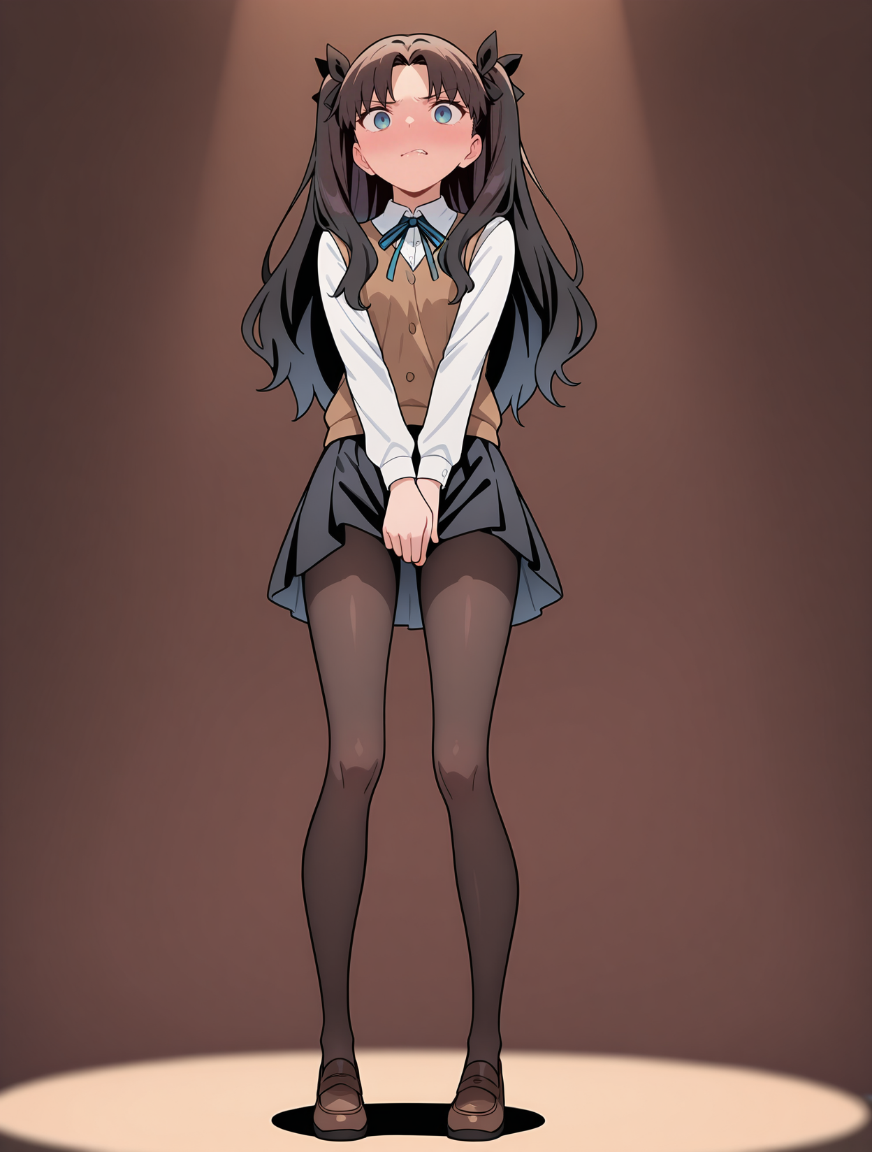 perfect quality,high quality,masterpiece,best quality,amazing quality,very aesthetic,absurdres,Cinematic Lighting,newest,
front view,full_shot,Sneer,
TohsakaRinCYQL,1girl,solo,long hair,black hair,two side up,bangs,parted bangs,ribbon,hair ribbon,black ribbon,blue eyes,school uniform,shirt,white shirt,ribbon,neck ribbon,vest,brown vest,skirt,black skirt,pantyhose,
full body,standing,covering_crotch,,
brown background,simple background,
<lora:ponyv4_noob1_2_adamW:0.7>,<lora:semham4:0.8>,,<lora:TohsakaRin_Illustrious by Cyql:1>,