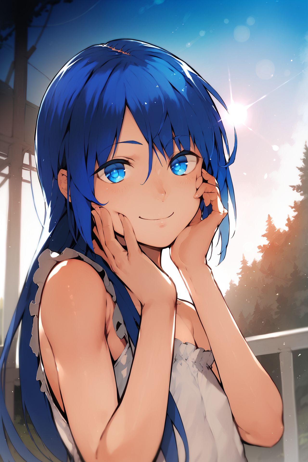 score_9, score_8_up, score_7_up, 1girl, kind smile, dark_blue hair, hair_over_eyes, light_blue eyes, flat chest, hand on own cheek, outdoors, backlighting <lora:nishiide_kengorou_PonyXL_style_v01:1>