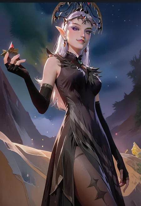 (Expressiveh:1.7), (Masterpiece, best quality:1.8), score_9, score_9_up, score_8_up, shading, (lighting:0.9), (anatomically correct), best high quality, high res,  human, 45 years old, 1girl, (thin:1.3), solo,
ravenzella, unicornacademy, black crown, eyeliner, purple eyes, purple lips, pointy ears, very thin, tall, white hair, coloured skin, light lilac skin, long gloves, fingerless gloves, jewelry, necklace
easynegative, show accurate,watercolor \(medium\), traditional media, (detailed:1.9), realistic hair,  thick body, breasts, round breasts, thin thighs, clothes, black gown, night gown, lace gown, pantyhose, legs, high heel boots, (make up:1.5),  irl, (realistic style:1.0),  lidded eyes, (smiling:0.8), evil grin, left hand on hips
(normal face size:1.0), sultry pose, seductive look, seductive pose, face focus,  erotic, outdoor, zoom in,