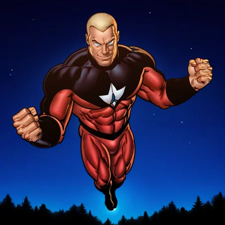 plutonian, highly detailed, intricate details, detailed background,  blonde hair, buzz cut, blue eyes, 1boy, male focus, bara, muscular, solo, muscular male, red bodysuit, logo, black belt, black bracelets, outdoors, sky, night, flying, (dynamic_pose), looking at viewer, evil smile,  <lora:Plutonian:1>