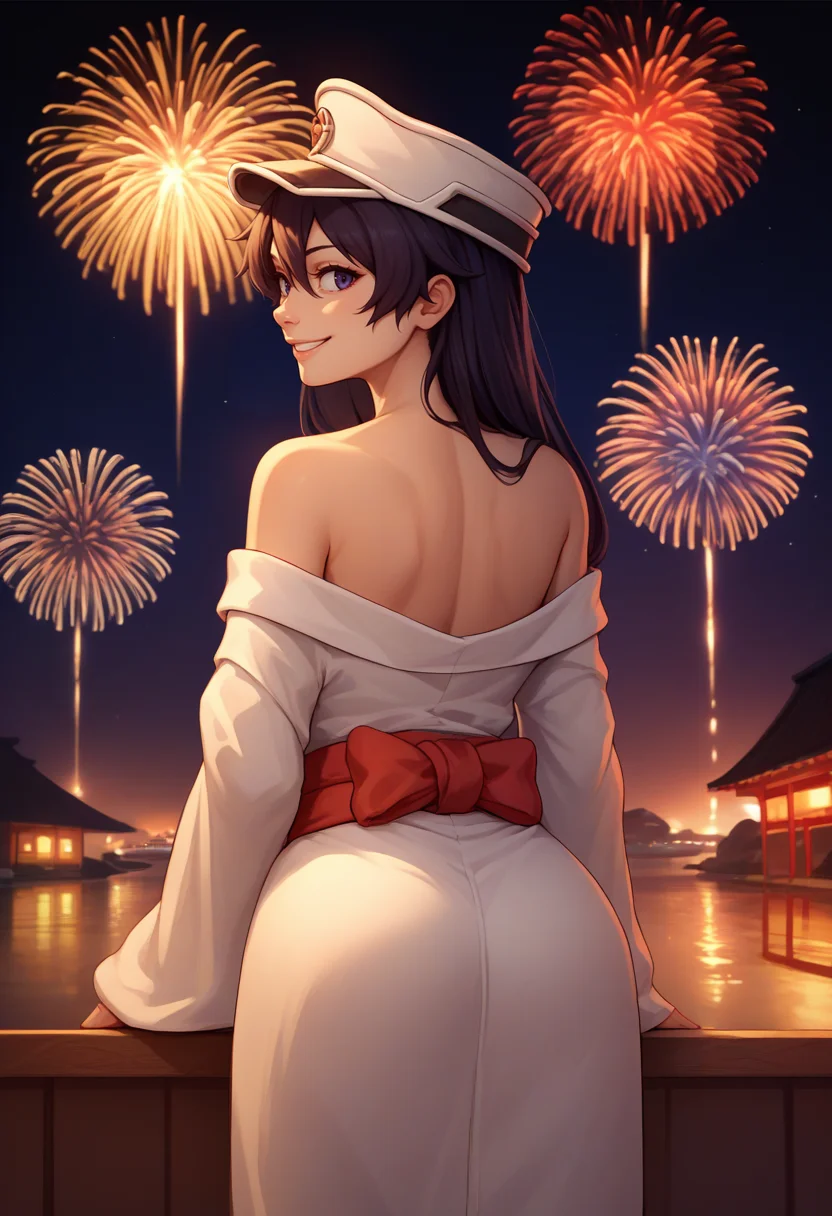 score_9, score_8_up, score_7_up, source_anime, from behind, solo, 1girl, bambietta basterbine, smile, looking back, peaked cap, white kimono, off shoulder, red sash, bare shoulders, fireworks <lora:bleach_basterbine_ponyXL:1>