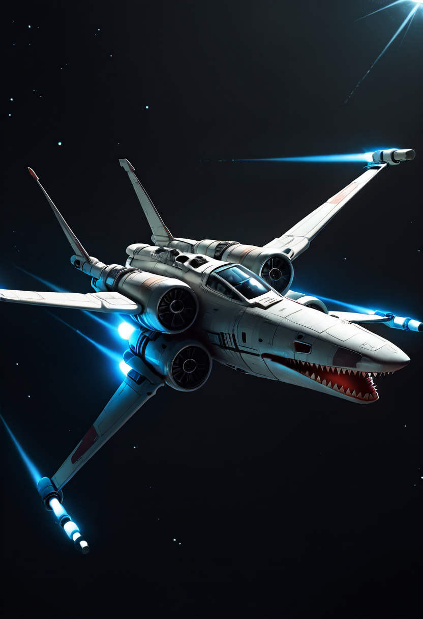masterpiece, best quality, no humans,   ,<lora:SharkXShip_IXL:1.0>,  zzSharkXShip, soaring above a distant planet, its fins and sharp teeth casting an imposing shadow against the planet's surface. The shipâs hull reflects the planet's swirling atmosphere, while energy shields flare up with each maneuver. A starry expanse stretches out behind it, while the shipâs lights glow brightly, creating a sense of speed as it cuts through the blackness. The sleek shark-themed design contrasts beautifully against the starry background.