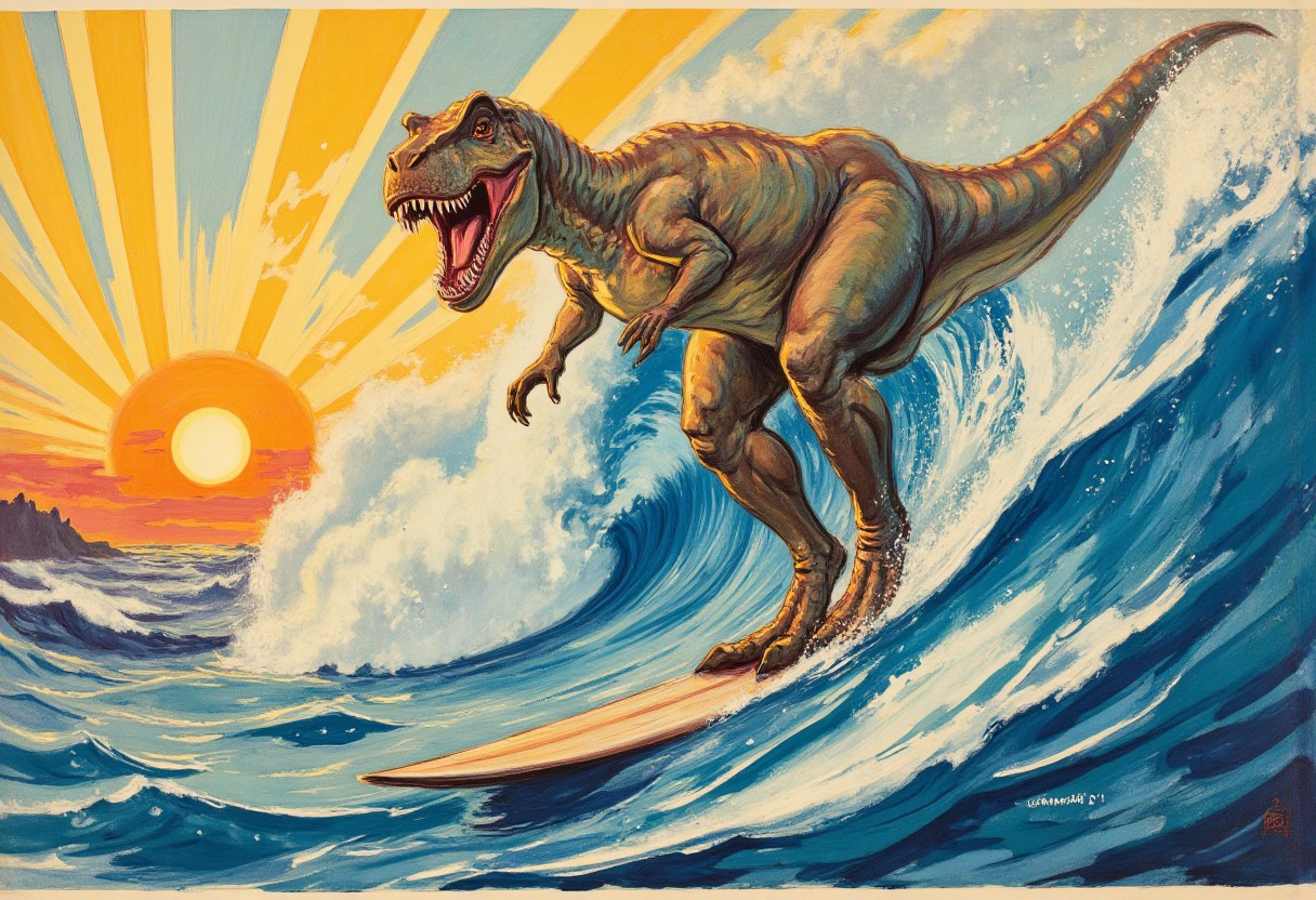 a painting of joyful T-Rex. It is a surfer.
ocean, big wave.
constructivist style, geometric shapes, bold colors, dynamic composition, propaganda art style, 
vibrant, beautiful, painterly, detailed, textural, artistic, 
intricate details, highly detailed, vivid, 
aidmamj6.1, in the style of james-montgomery-flagg,