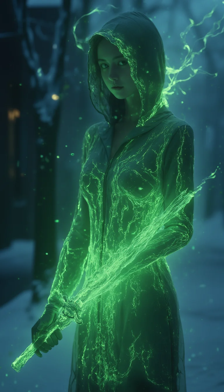bailing_fire,
A girl **** entirely of flames stands,
Photorealistic, Cinematic Texture, a distant shot of a girl **** entirely of green flames, resembling a ghost, standing on a winter street. Her full body, composed of flickering green flames, appears as a translucent, glowing ghost-**** figure. In one hand, she holds a magical sword, its blade radiating an otherworldly green aura that complements her fiery form. The sword’s intricate, enchanted design flickers with sparks of energy, as if connected to the girl's essence. Her fiery form emits a soft, eerie green light, blending with the surroundings, and the glowing sword adds to the ethereal, haunting atmosphere as she stands alone in the cold winter night.