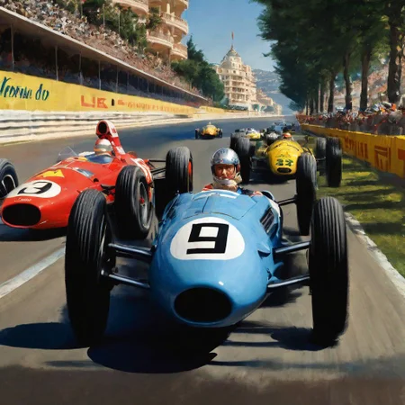 Monaco 1940s,Grand Prix,racing cars, one in front, cars behind blurred, all cars kept within frame,
frame of picture,racetrack,outdoors,
sky blue,day,motion blur to wheels, some dust, keep cars size proportionate and perspective,
facing forward,
cloud,tree,blue sky,_p_style, all with drivers, racing drivers, drivers heads all facing forwards, all wearing helmets,red car, blue car, yellow car, green car,ferrari,text MONACO on barriers<lora:VintagePPXL:1>, (masterpiece, best quality, ultra-detailed, best shadow), high contrast, (best illumination), ((cinematic light)), colorful, hyper detail, dramatic light, intricate details, ultra detailed artistic photography, dreamy, backlit, shadows, ultra high definition, 8k, ultra sharp focus, ultra high quality, soft lighting, film photography, analogue photography, hyperrealism,