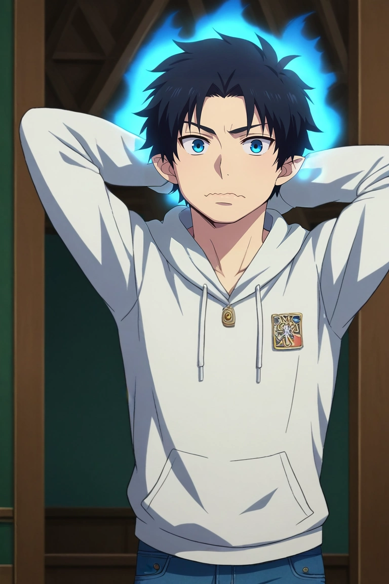 score_9, score_8_up, score_7_up, source_anime, rating_safe, intricate details, (realistic:0.6), , depth of field, 1boy, solo, male focus, <lora:rin_okumura_pony:0.9>, rin_okumura, black hair, blue eyes, short hair, hair between eyes, , , blue fire, close-up, disneyland, indoors, arms behind head, wavy mouth, closed mouth, male Golden age Well-proportioned, Afro-Caribbean, Golden eyes, Oval Ears, Hollow Cheeks, Narrow Forehead, Unconventional Piercings, Chevron Mustache , Copper Slicked-back hair hair, Contentment, wearing Cropped jeans, Zip-up hoodie, , ,, Arms crossed, displaying assertiveness, <lora:sdxl_lightning_8step_lora:1>