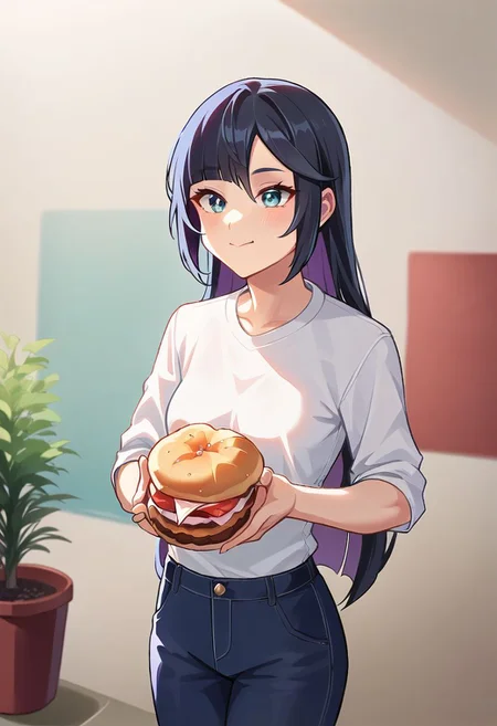 core_9, score_8_up, score_7_up, comics masterpiece, high quality, ((solo)), eating, burger, front view, holding burger with both hands, full cheeks, burger down, ((bitted burger)), (full mouth), small hands, 
mona/(genshin impact)/, black hair,
<lora:jermawhopper-pdxl-nvwls-v1-000005:1>