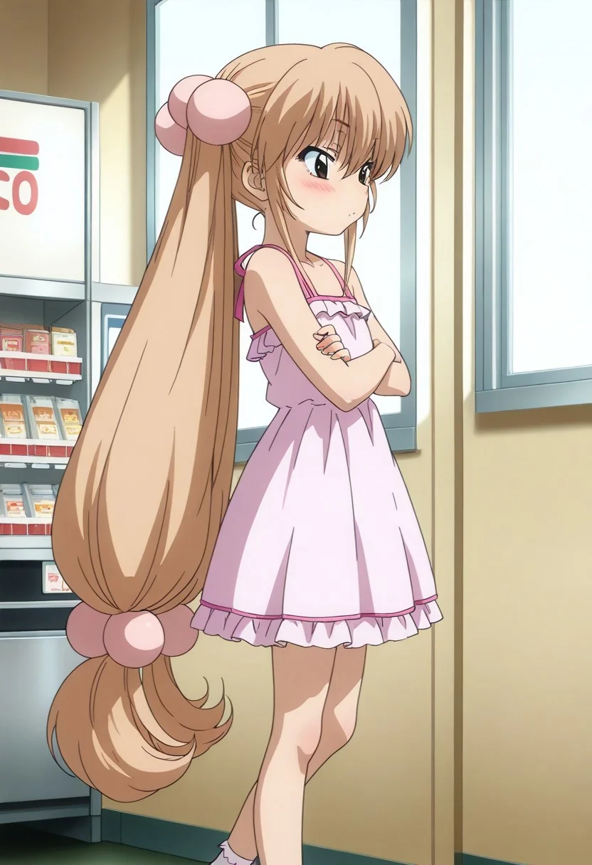 masterpiece, best quality, 1girl, kokonoe rin, light brown hair, brown eyes, twin tails, blush, petite, skinny, curious, crossed arms, frilly dress, ankle socks, side view, indoors, convenience store
