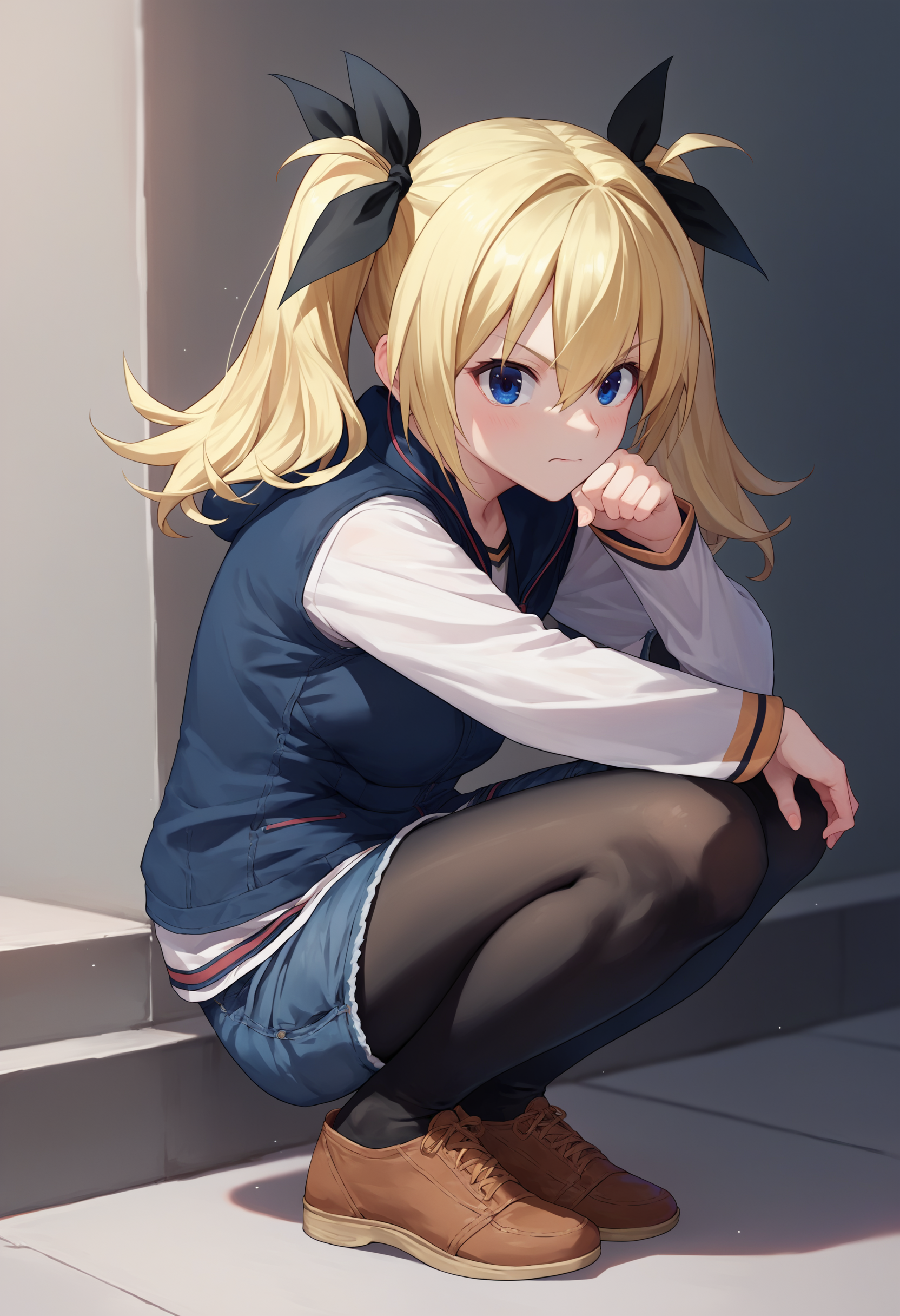 score_9, score_8_up, score_7_up, source_anime, 1girl,   <lora:ArimuraCAME-000008:1>, HinaCasual, blue eyes, blonde hair, twintails, black  hair ribbon, black hooded jacket, denim shorts, pantyhose,white sleeves, squatting,