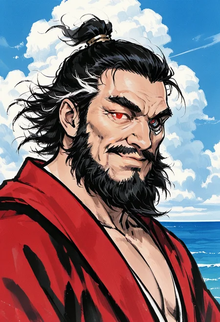 1boy, (portrait:1.75), (looking at viewer:1.25), male focus, dutch angle, (smile), closed mouth, from side,
BREAK
red robe, floating hair, warrior, topknot, red eye, (mechanical eye:1.5), glowing eyes,
BREAK
old man, warrior, streaked hair, black hair, short hair, beard, thick eyebrows, long sideburns, thick mustache, large pectorals, thick arms, belly, black eyes, plump,
BREAK
<lora:Ink_wash_painting_style_v2.0:0.8> ocean, cloudy sky, cumulonimbus cloud, high contrast, traditional media, retro artstyle,
BREAK
bara, best quality, masterpiece, very aesthetic, absurdres, highest detailed, very awa, detailed background,